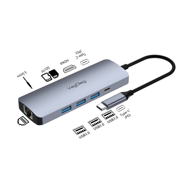 Type-C to HDMI+USB3.0*3 +PD100w+Typec2.0+SD/TF+RJ45 100Mbps veggieg HUB - V-TC10R