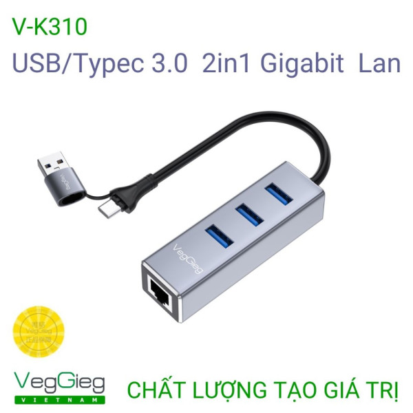 Bộ chia Hub USB/Typec 3.0 2in1 Gigabit Lan ( veggieg V-K310)